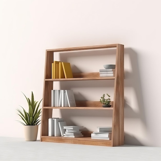 A wooden shelf with books and a plant on it