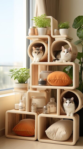 Photo a wooden shelf with cats and a cat in it