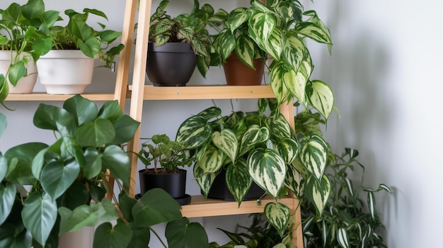 A wooden shelf with different types of house plants.