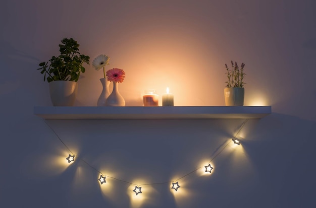 Wooden shelf with flowers, plants and frame on white wall