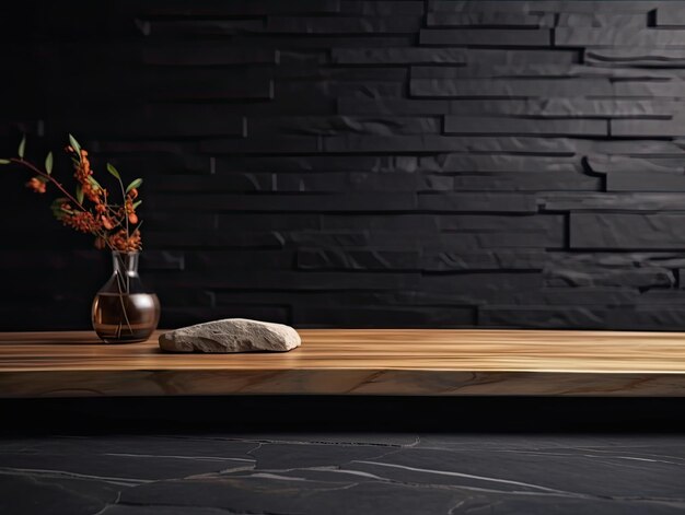 A wooden shelf with flowers and a vase with a black background.