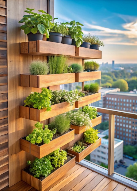 Photo a wooden shelf with plants on it and a view of the city