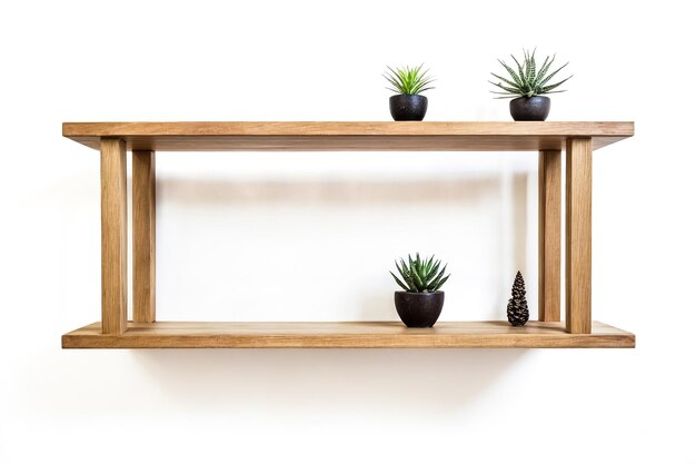 Wooden Shelf with Plants on a White Wall