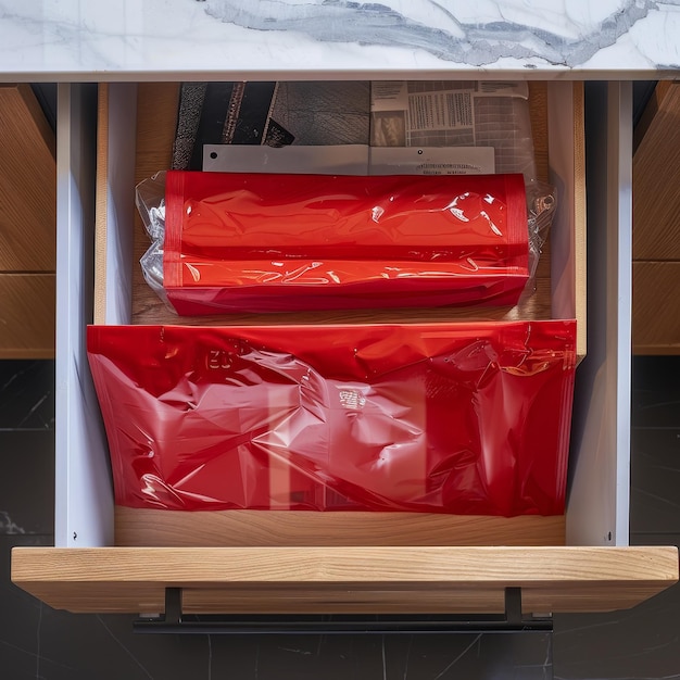 Photo a wooden shelf with red plastic bags on it and a red plastic bag on it