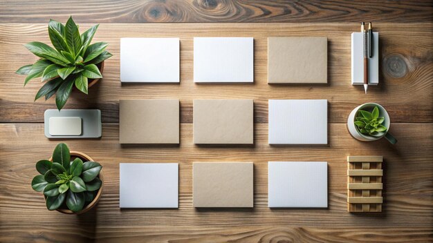 a wooden shelf with several square frames and a plant on the top