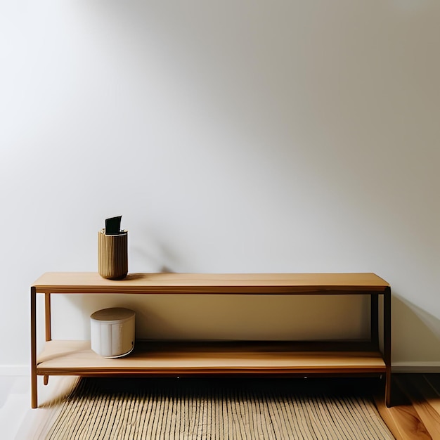 A wooden shelf with a small vase on it is in front of a white wall.