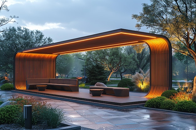 Wooden shelter with benches providing shade amid natural landscape in park