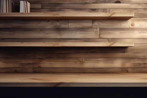 Wooden shelves against a wooden wall for place something and a product