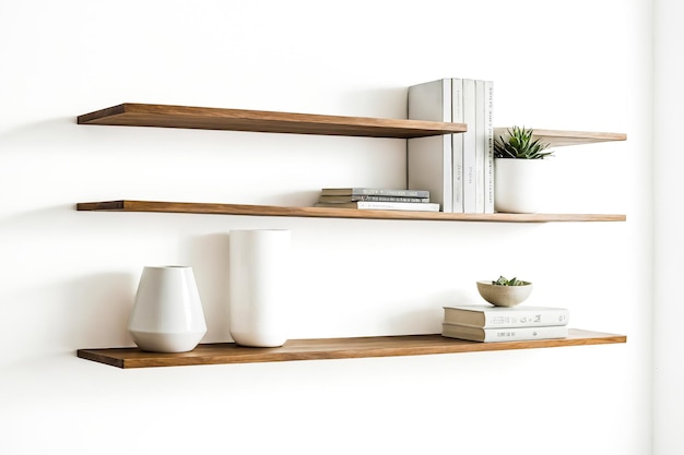 Wooden Shelves with White Vases and Books