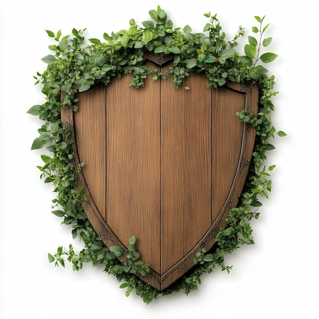 Photo wooden shield decorated with greenery