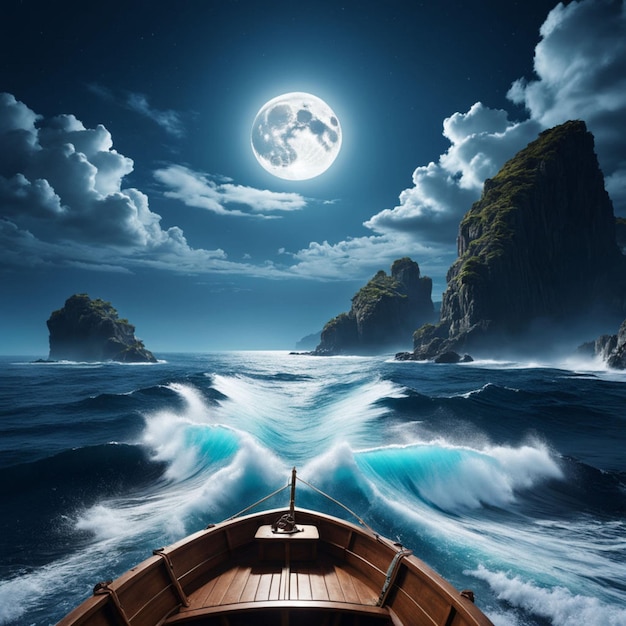 A wooden ship cuts through big waves on a full moon night