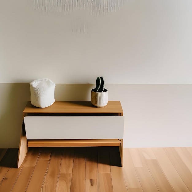 A wooden side table with a white vase and a white jug on it.