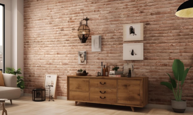 wooden sideboard with objects on top and pictures on the brick wall