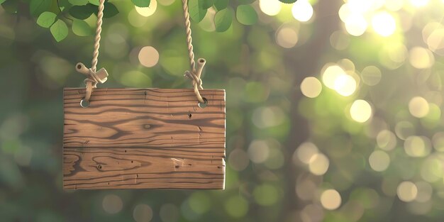 Wooden Sign Hanging on Rope in a Blurred Green Background Illustration