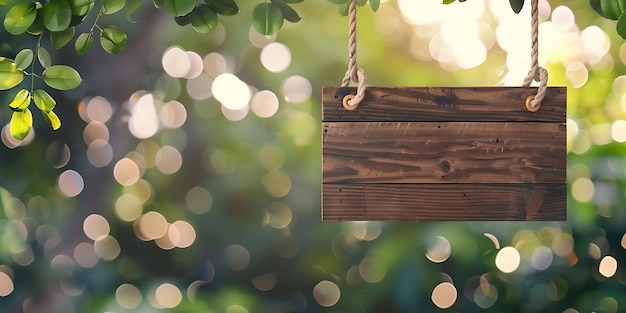 Wooden Sign Hanging on Tree Branch with Bokeh Background Illustration