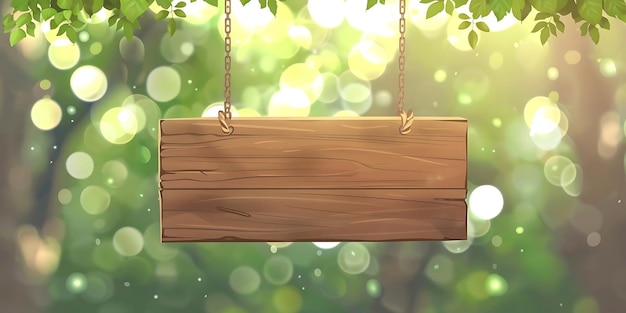 Wooden Sign Illustration Hanging on Chains with Green Bokeh Background