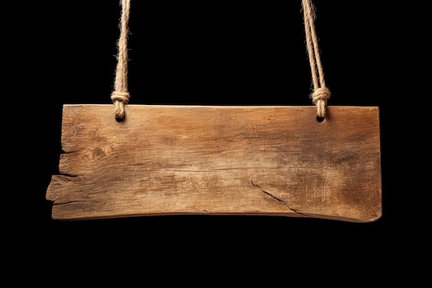 Wooden sign plain hanging from rope isolated on black background