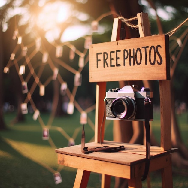 a wooden sign that says free photos on it