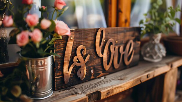 Photo a wooden sign that says quot love quot is on a table