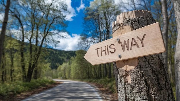 Photo a wooden sign that says this way on it