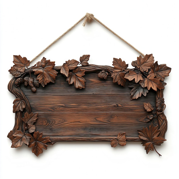 Wooden Sign with Carved Leaves and Twigs