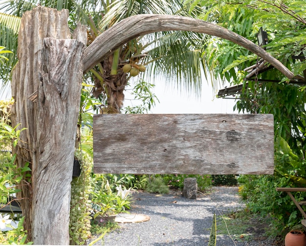 Wooden sign with garden view background