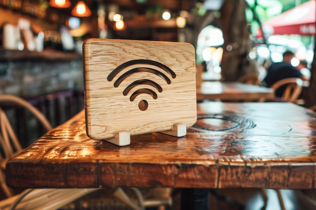 A wooden sign with a Wifi symbol sits on a cafe table with a blurry background of the cafe interior