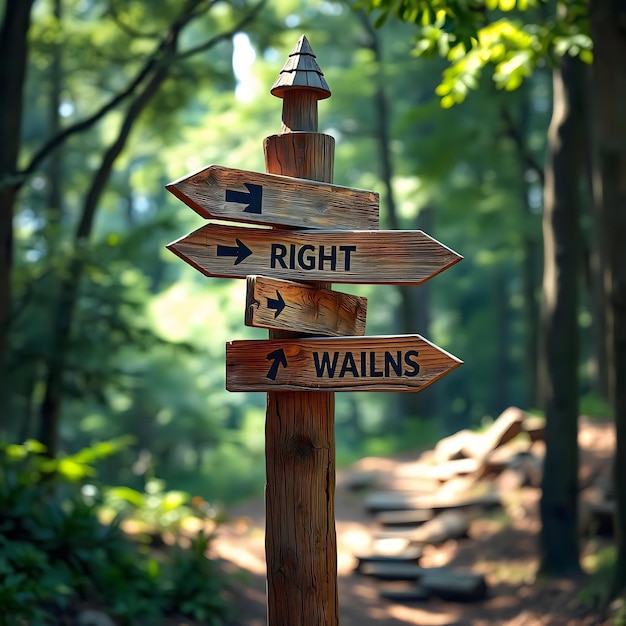 Photo wooden signpost design with arrows up deciding to go right