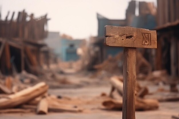 Wooden signpost at the entrance of an abandoned town