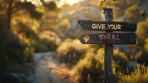 Photo wooden signpost with motivational message in a forest setting