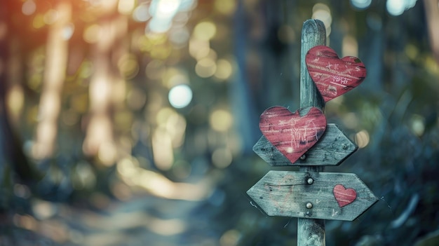 Photo wooden signpost with red heart symbols in blurred forest background