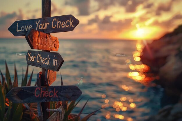 Photo wooden signpost with text quotlove your check inquot and other signs pointing right sunset background ocean horizon blurred landscape