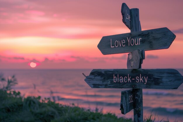 Photo a wooden signpost with three signs pointing in different directions each reading quotlove your neighbors as much as yourselfquot set against the backdrop of an ocean sunset