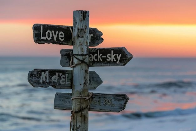 Photo a wooden signpost with three signs pointing in different directions each reading quotlove your neighbors as much as yourselfquot set against the backdrop of an ocean sunset