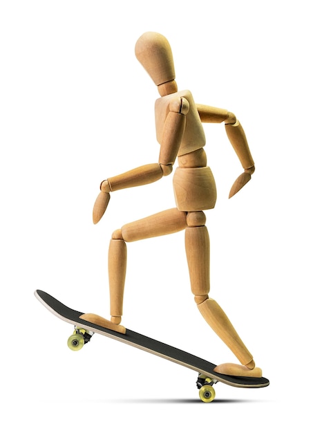 Wooden skateboarder man isolated on white background with clipping path