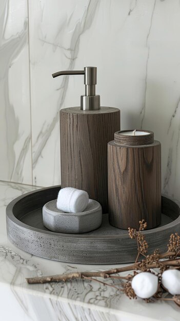 Photo a wooden soap dispenser scented candle and cotton pads arranged on a marble tray set in a modern bathroom interior with ample copy space for text