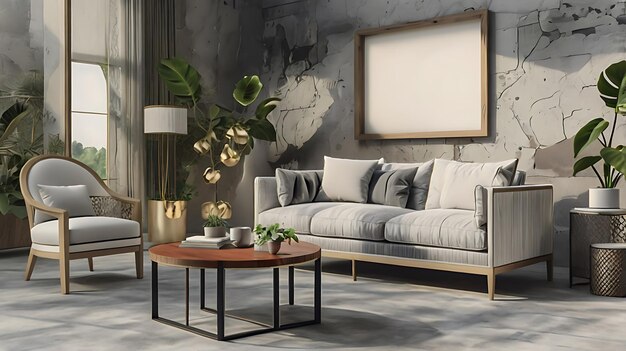 Photo a wooden sofa that has white cushions positioned next to a small round side table with a plant