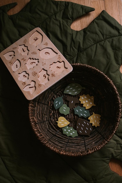 Wooden sorter with autumn leaves