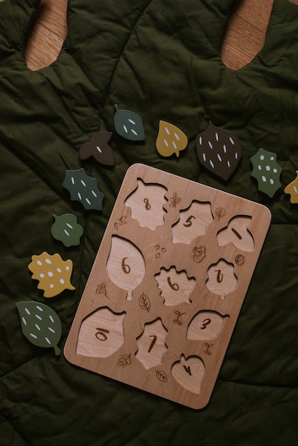 Wooden sorter with autumn leaves