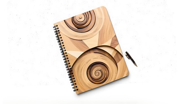 Photo wooden spiral notebook with pen on white background