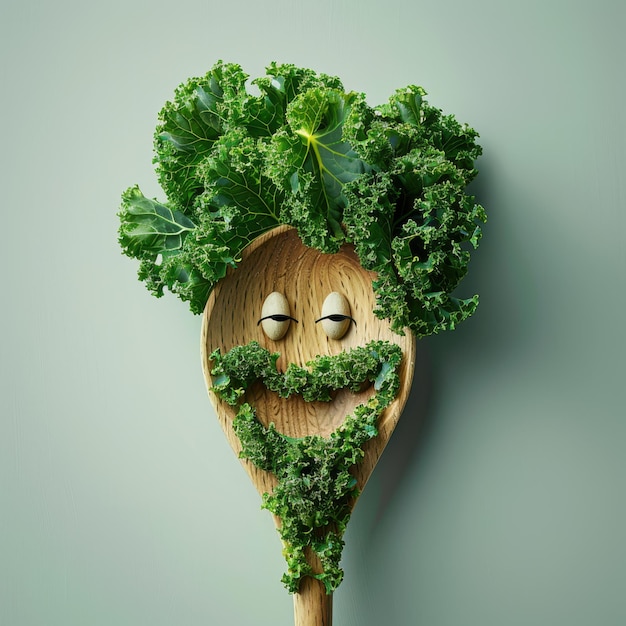 Photo wooden spoon character with friendly smile and kale hair