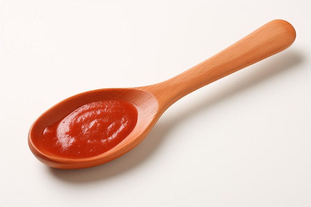 A wooden spoon coated with rich tomato sauce