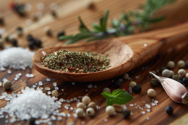 A wooden spoon filled with salt and spices Suitable for food and cooking concepts