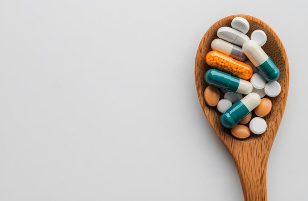 Photo a wooden spoon filled with various pills and capsules