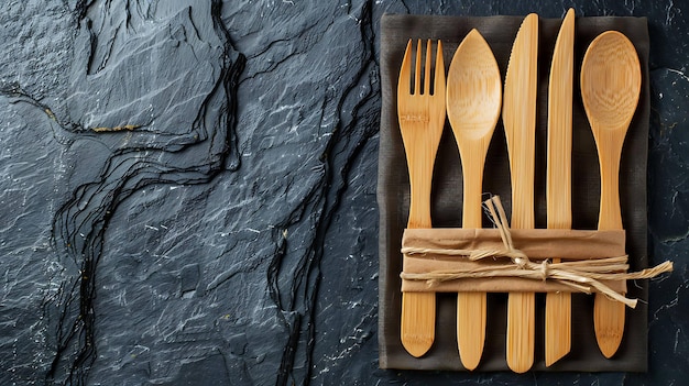 a wooden spoon and fork are on a table with a knife and spoons