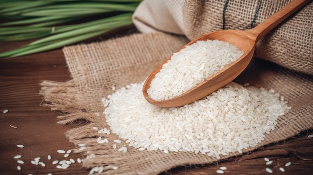 A wooden spoon full of rice sits on a table next to a wooden spoon.