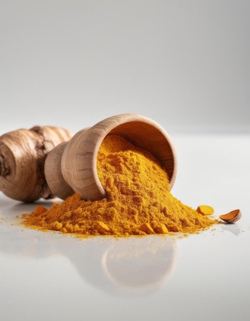 a wooden spoon is next to a pile of orange spices