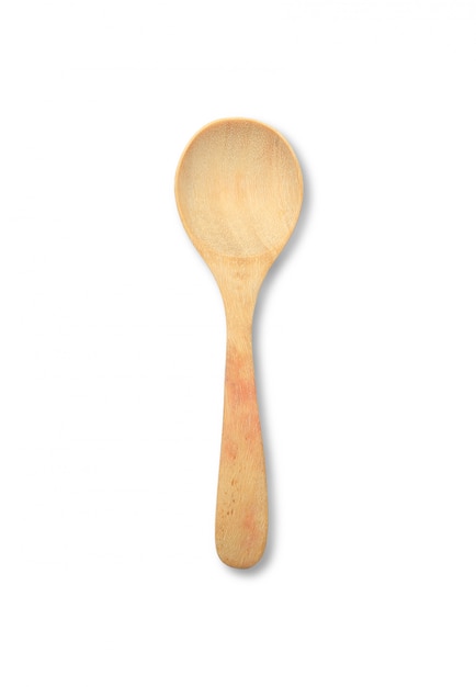 Wooden spoon isolated over white background. Top view