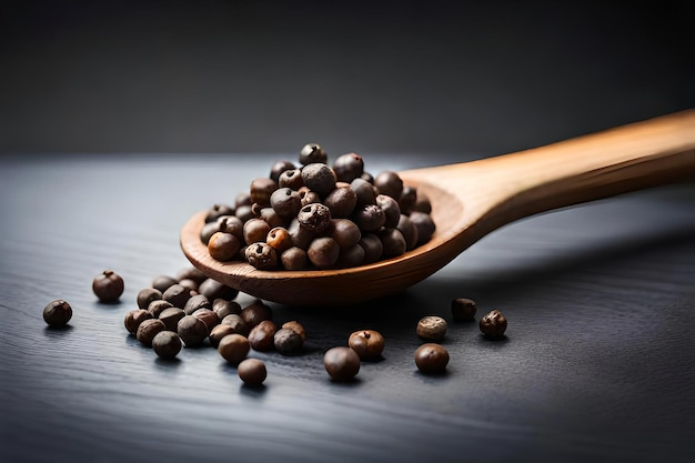 A wooden spoon with black seeds on it and a wooden spoon with the word black pepper on it.