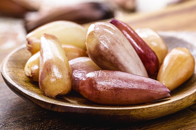 wooden spoon with boiled pine nuts traditional Brazilian cooking ingredient